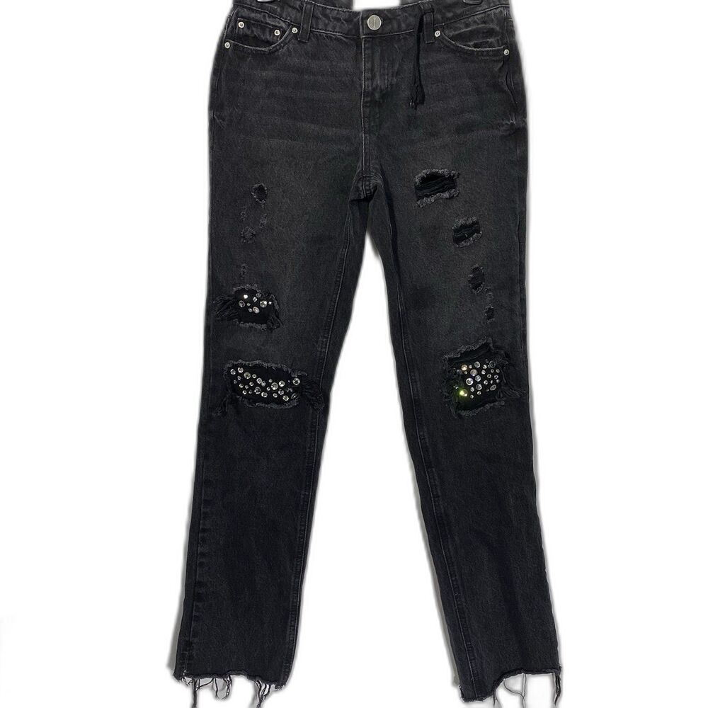 BAN JARA Jeans Rhinestone Embellished Distressed Y2K Streetwear Women 3 25 Black